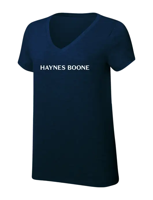 Womens Simply Soft V-Neck New Navy 4.5oz  Poly/Combed Ring Spun Cotton T-Shirt w/Haynes & Boone Logo