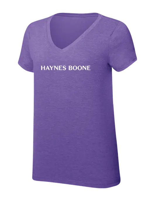 Womens Simply Soft V-Neck Purple Frost 4.5oz  Poly/Combed Ring Spun Cotton T-Shirt w/Haynes & Boone Logo