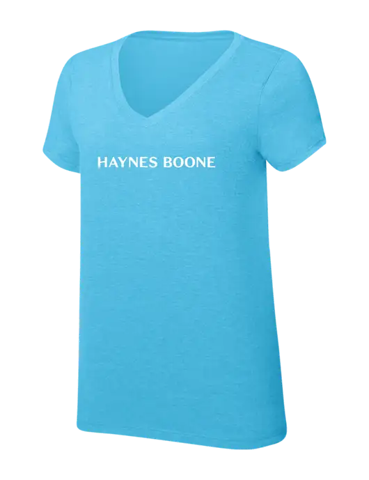 Womens Simply Soft V-Neck Turquoise Frost 4.5oz  Poly/Combed Ring Spun Cotton T-Shirt w/Haynes & Boone Logo
