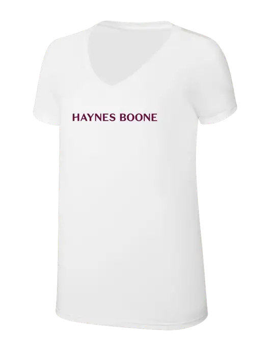 Womens Simply Soft V-Neck White 4.5oz  Poly/Combed Ring Spun Cotton T-Shirt w/Haynes & Boone Logo