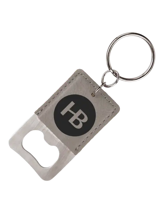 Grey Leatherette Rectangle Bottle Opener Keychain w/Monogram Logo
