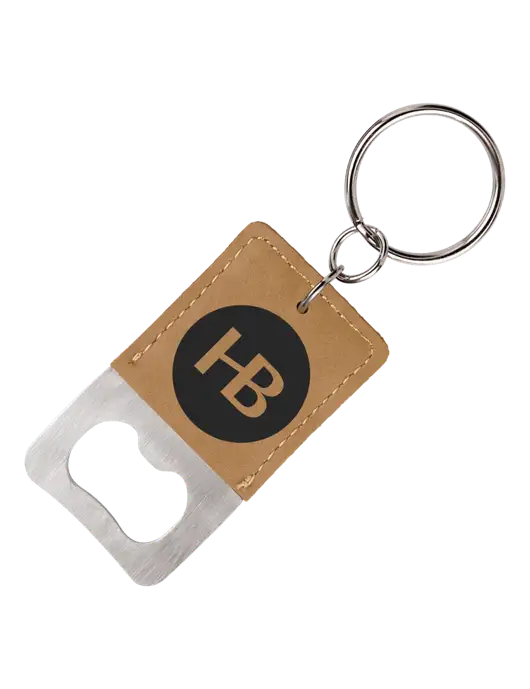 Tan Leatherette Rectangle Bottle Opener Keychain w/Monogram Logo