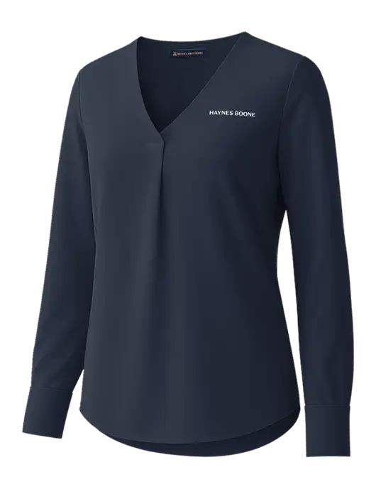 Brooks Brothers Womens Dark Navy Open-Neck Satin Blouse  w/Haynes & Boone Logo