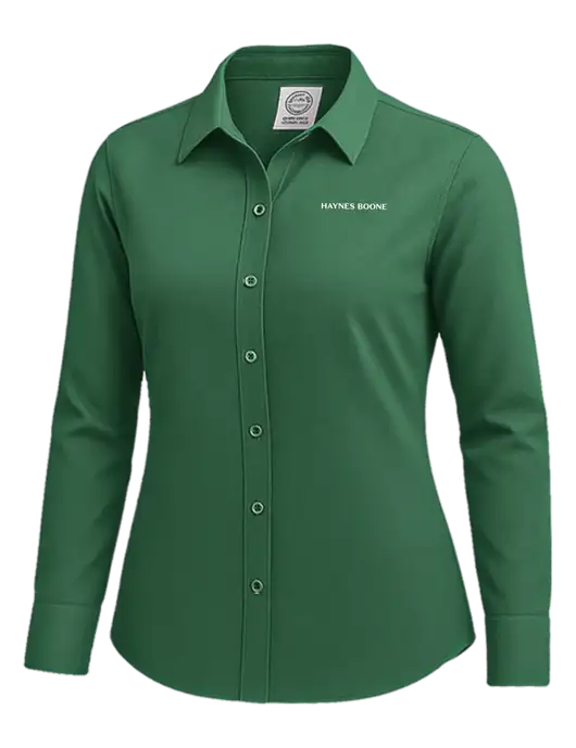 Brooks Brothers Womens Medium Green Wrinkle-Free Stretch Nailhead Shirt w/Haynes & Boone Logo