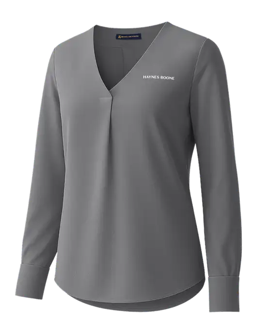 Brooks Brothers Womens Medium Grey Open-Neck Satin Blouse  w/Haynes & Boone Logo
